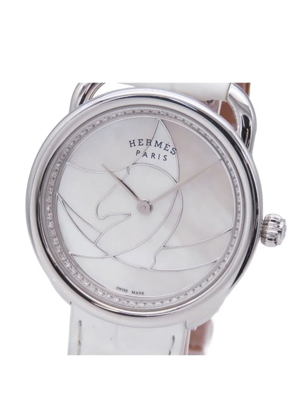 Hermes Arceau White Shell SS Leather Diamond Dial Watch Quartz